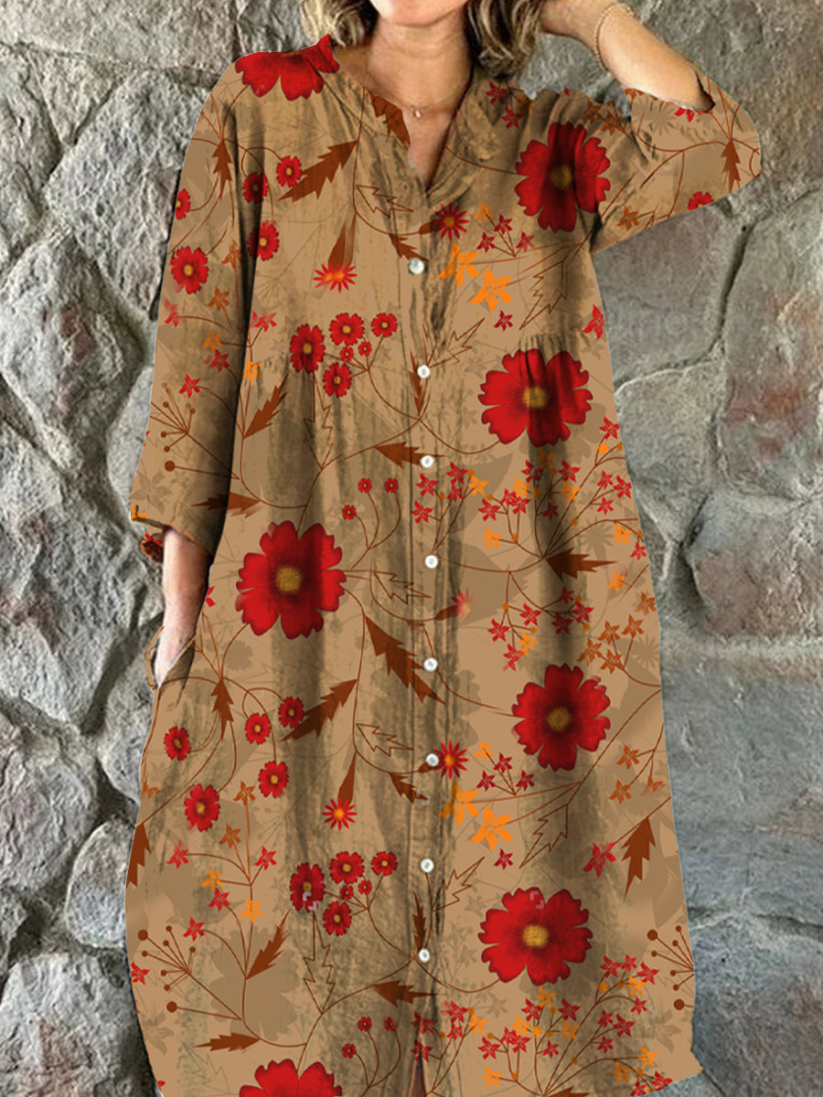 Vintage blomsterkunst utskrift Chic V-hals tre-kvartære ermer knapp opp elegant midi kjole