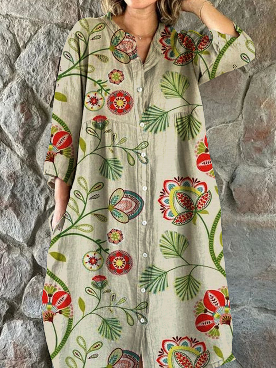 Vintage blomsterkunst utskrift Chic V-hals tre-kvartære ermer knapp opp elegant midi kjole