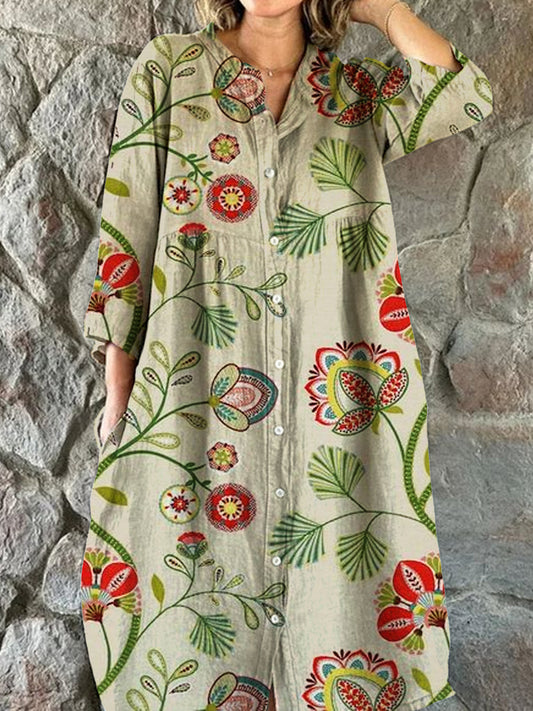 Vintage blomsterkunst utskrift Chic V-hals tre-kvartære ermer knapp opp elegant midi kjole