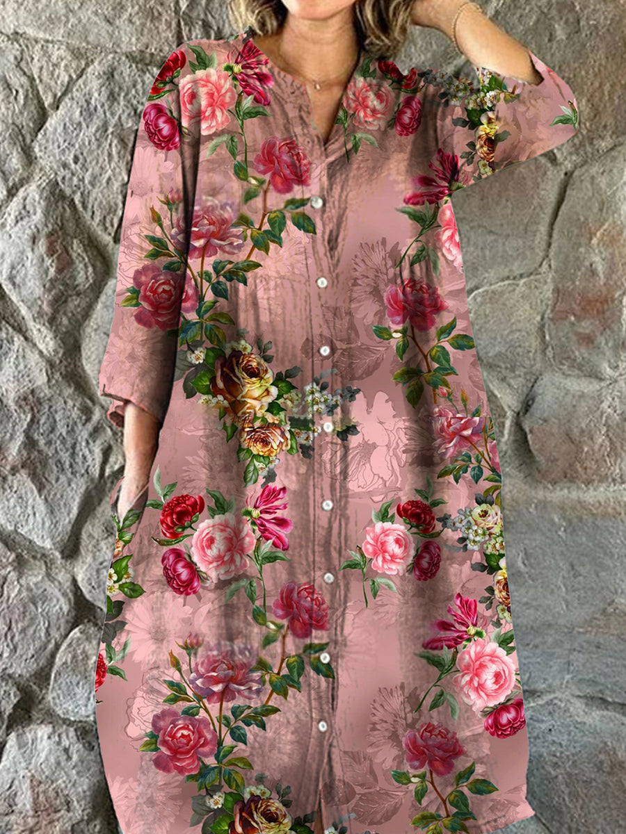 Vintage blomsterkunst utskrift Chic V-hals tre-kvartære ermer knapp opp elegant midi kjole