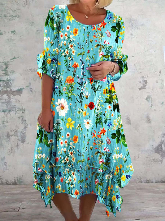 Retro blomsterkunst utskrift Chic tre kvart erme rund hals Elegant Midi kjole