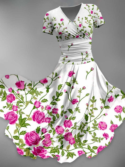 Retro blomsterkunst trykt V-hals Vintage Fashion Kort erme Midi Kjole