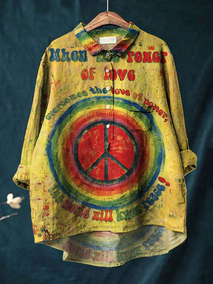 Kvinner Retro Hippie kunst utskrift Casual bomull linn rund halsknapp lomme midt lang erme skjorte topp