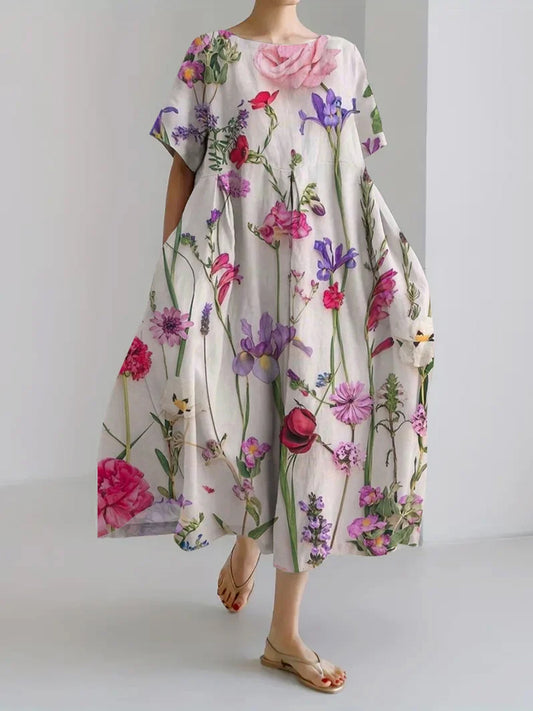 Boho blomstertrykt V-hals Elegant chic løs korte ermer Midi-kjole