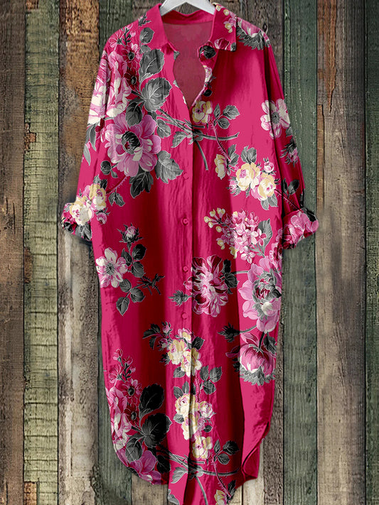 Boho blomstertrykt Elegant Vintage Lapel Løs Langærme Midi Skjortkjole