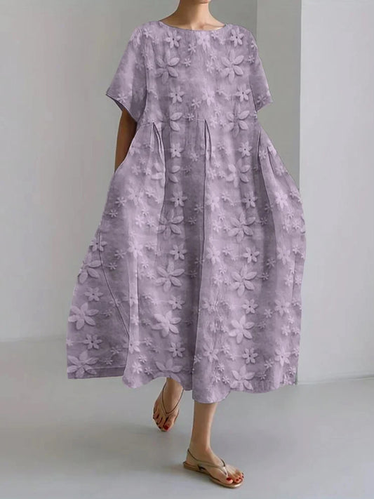 Boho blomstertrykt V-hals Elegant chic løs korte ermer Midi-kjole