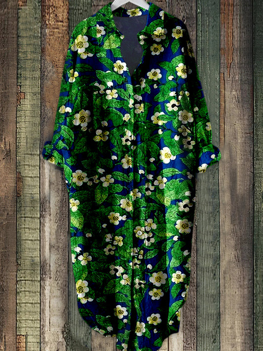 Boho blomstertrykt Elegant Vintage Lapel Løs Langærme Midi Skjortkjole