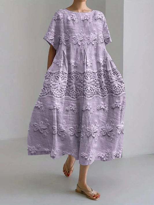 Boho blomstertrykt V-hals Elegant chic løs korte ermer Midi-kjole