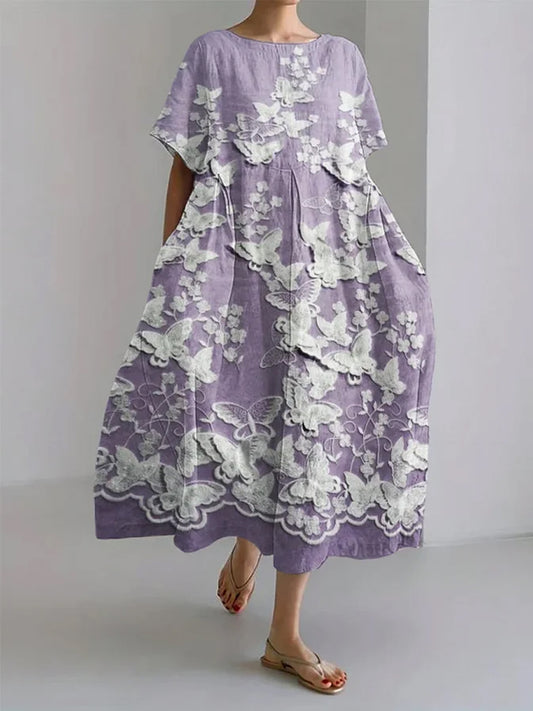 Boho blomstertrykt V-hals Elegant chic løs korte ermer Midi-kjole