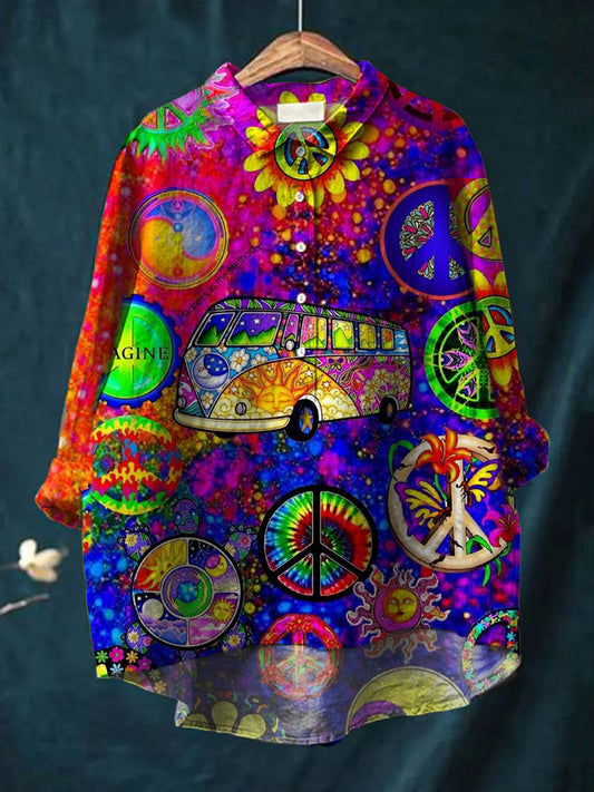 Kvinner Retro Hippie kunst utskrift Casual bomull linn rund halsknapp lomme midt lang erme skjorte topp