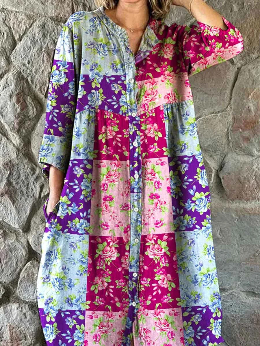 Boho Paisley blomsterutskrift Vintage Chic V-halsknapp opp langærme midi kjole