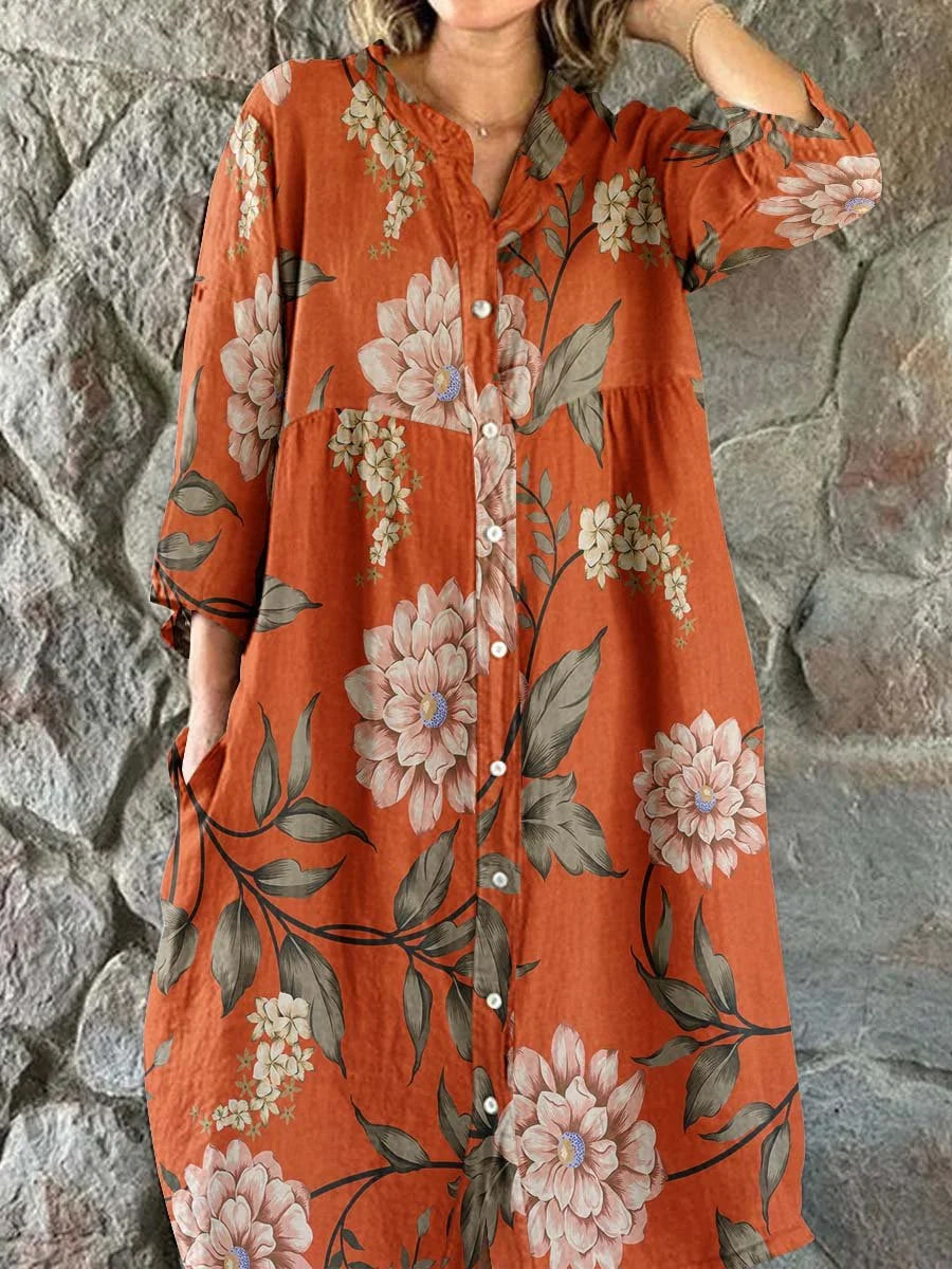 Boho Paisley blomsterutskrift Vintage Chic V-halsknapp opp langærme midi kjole