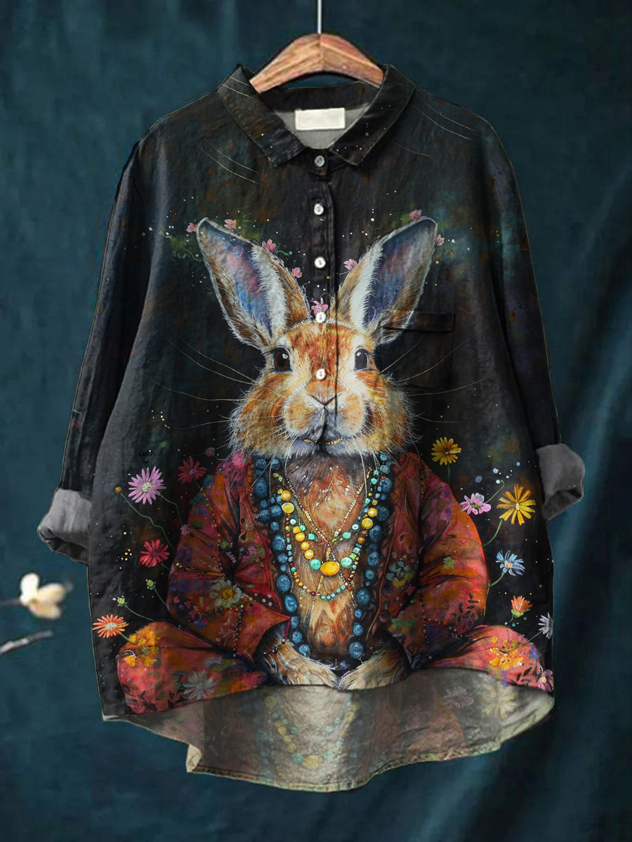 Kvinner hippie Bunny kunst utskrift Casual bomull linn rund halsknapp lomme lang erme skjort øverst