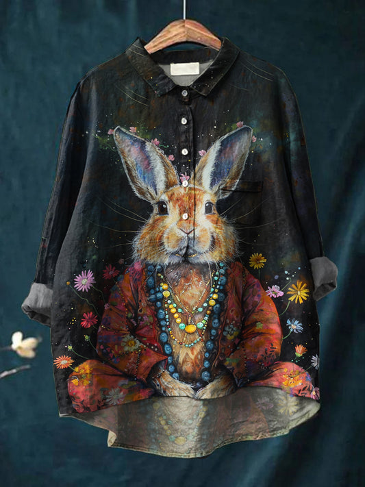 Kvinner hippie Bunny kunst utskrift Casual bomull linn rund halsknapp lomme lang erme skjort øverst