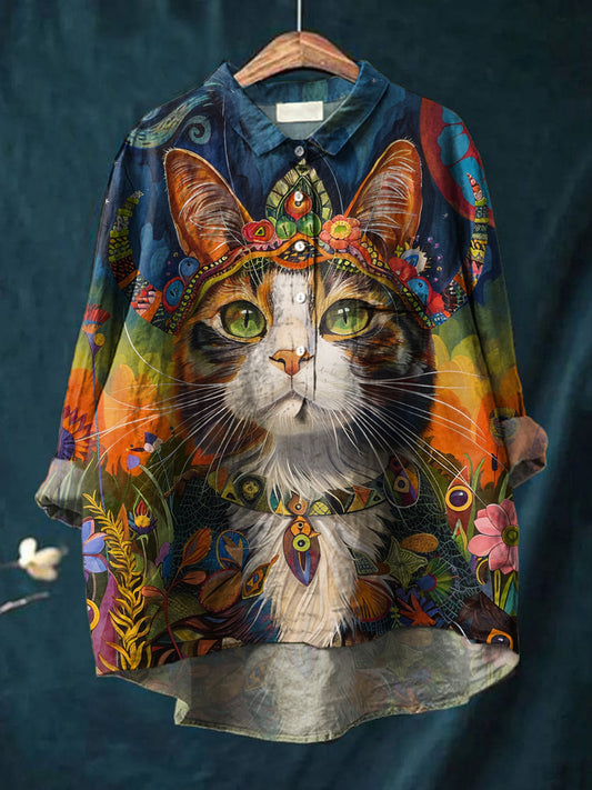 Kvinner hippie katt kunst utskriver Casual bomull og linn rund halsknapp lommekknapp lang erme skjort øverst