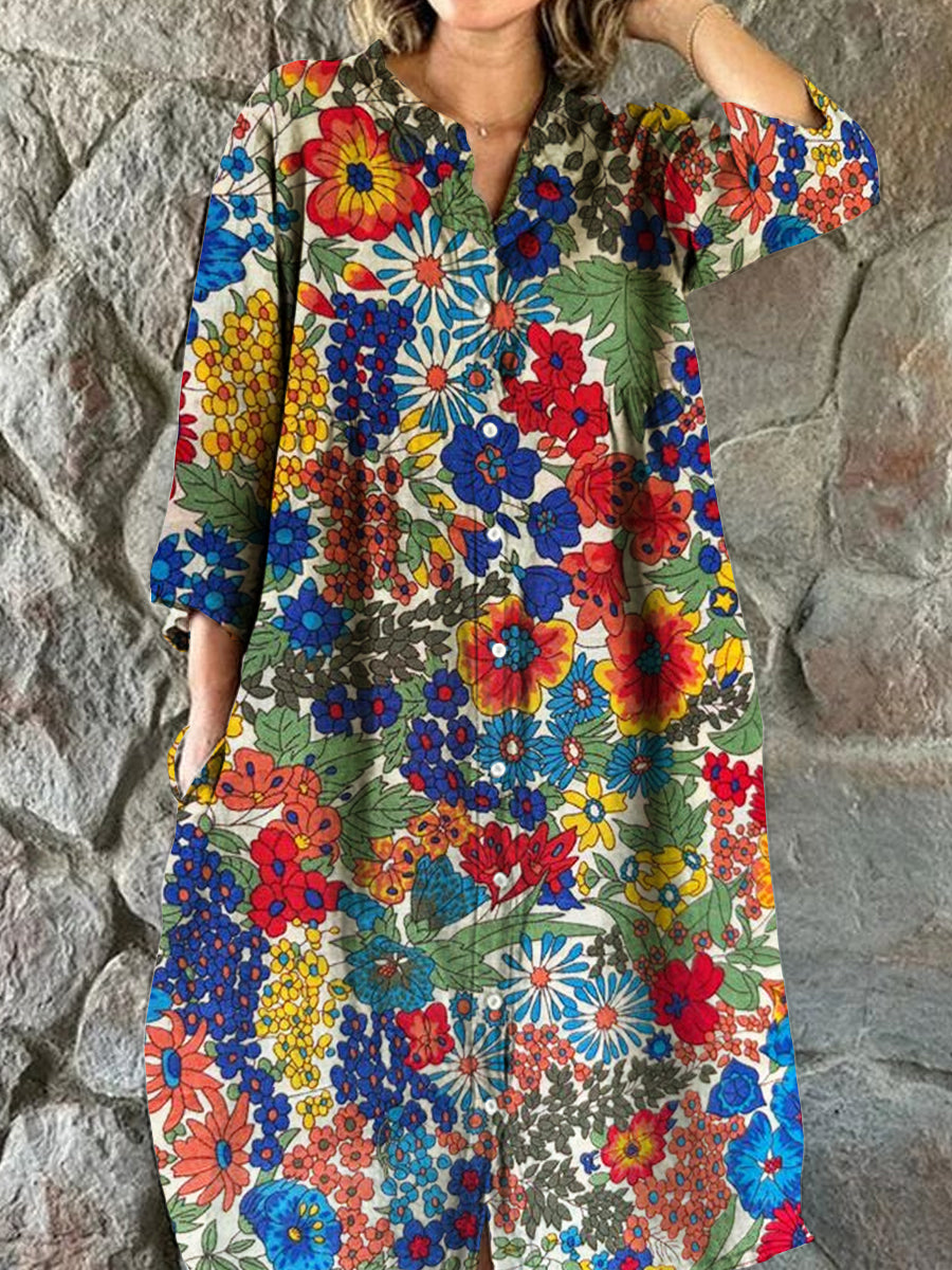 Vintage blomsterkunst utskrift Chic V-hals tre-kvartære ermer knapp opp elegant midi kjole