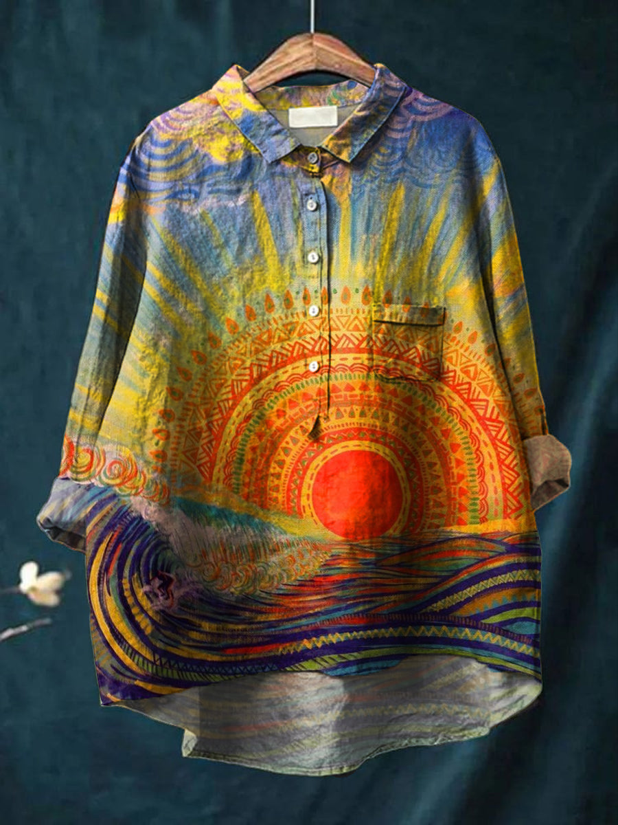 Kvinners vintage hippie kunst skriv ut Casual bomull og lin rund halsknapp lomme midi erme skjort øverst