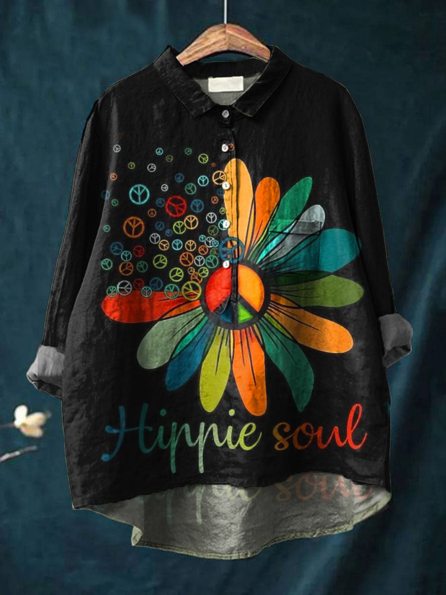 Kvinners Vintage hippie kunst utskrift Casual bomull linn rund halsknapp lomme midt erme skjort øverst