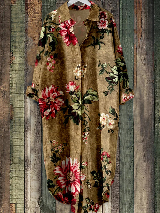 Retro Boho blomsterkunst trykt Elegant Vintage Lapel Løs Langærme Midi Skjortkjole