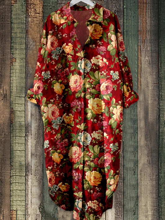 Retro Boho blomsterkunst trykt Elegant Vintage Lapel Løs Langærme Midi Skjortkjole