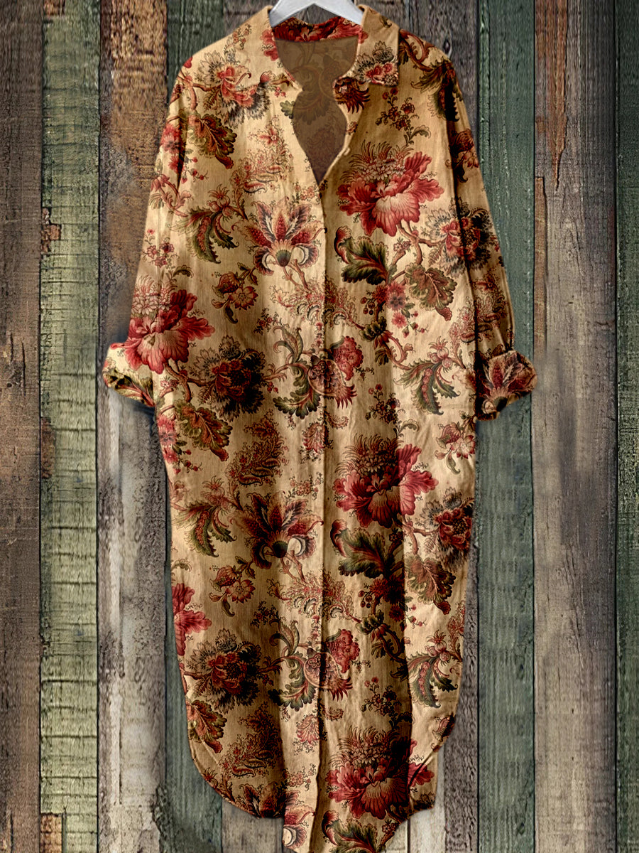 Retro Boho blomsterkunst trykt Elegant Vintage Lapel Løs Langærme Midi Skjortkjole