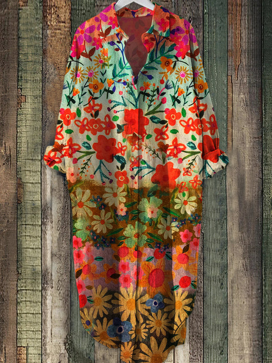 Retro Boho blomsterkunst trykt Elegant Vintage Lapel Løs Langærme Midi Skjortkjole