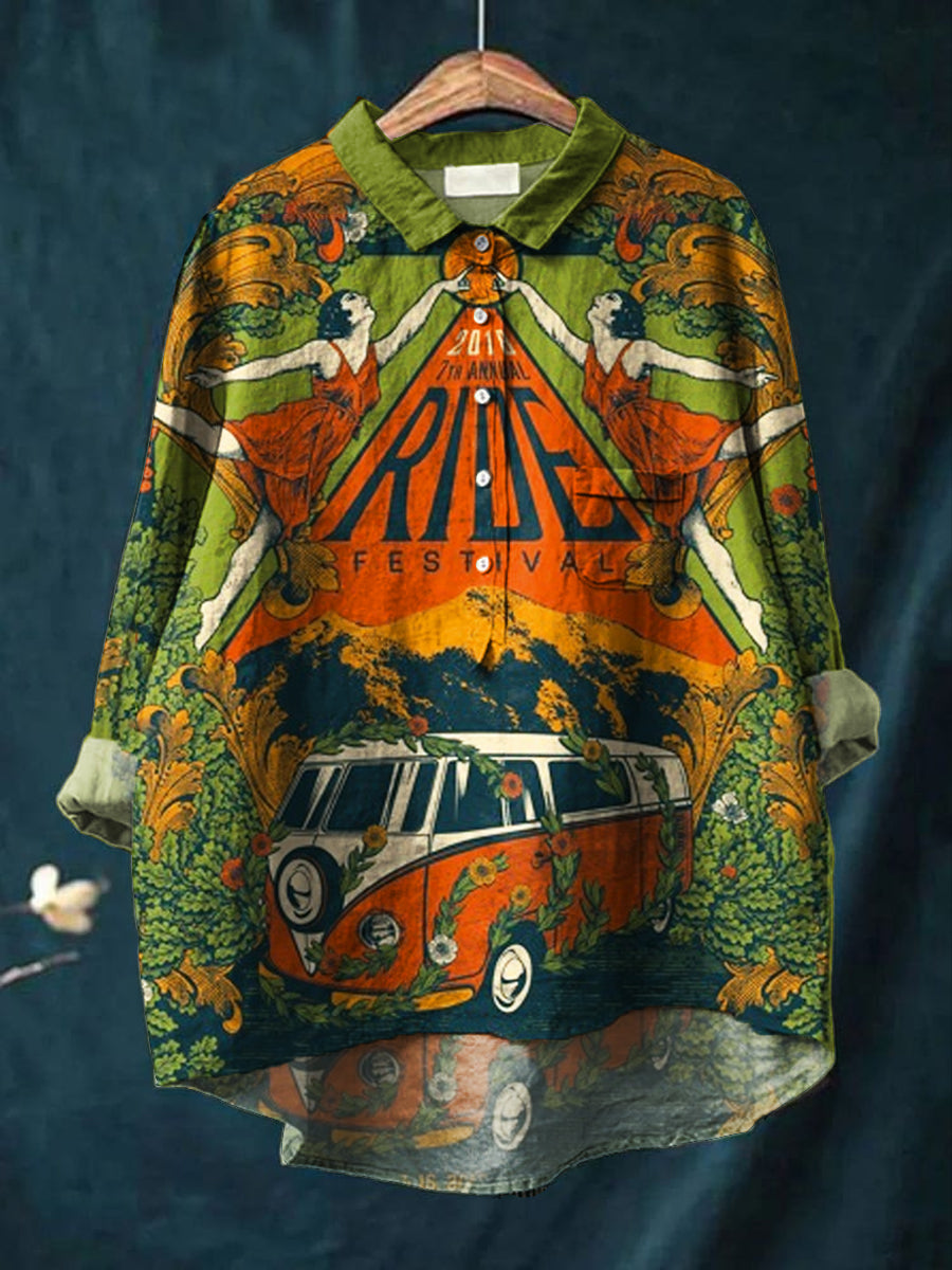 Kvinners Vintage hippie kunst utskrift Casual bomull linn rund halsknapp lomme midt erme skjort øverst