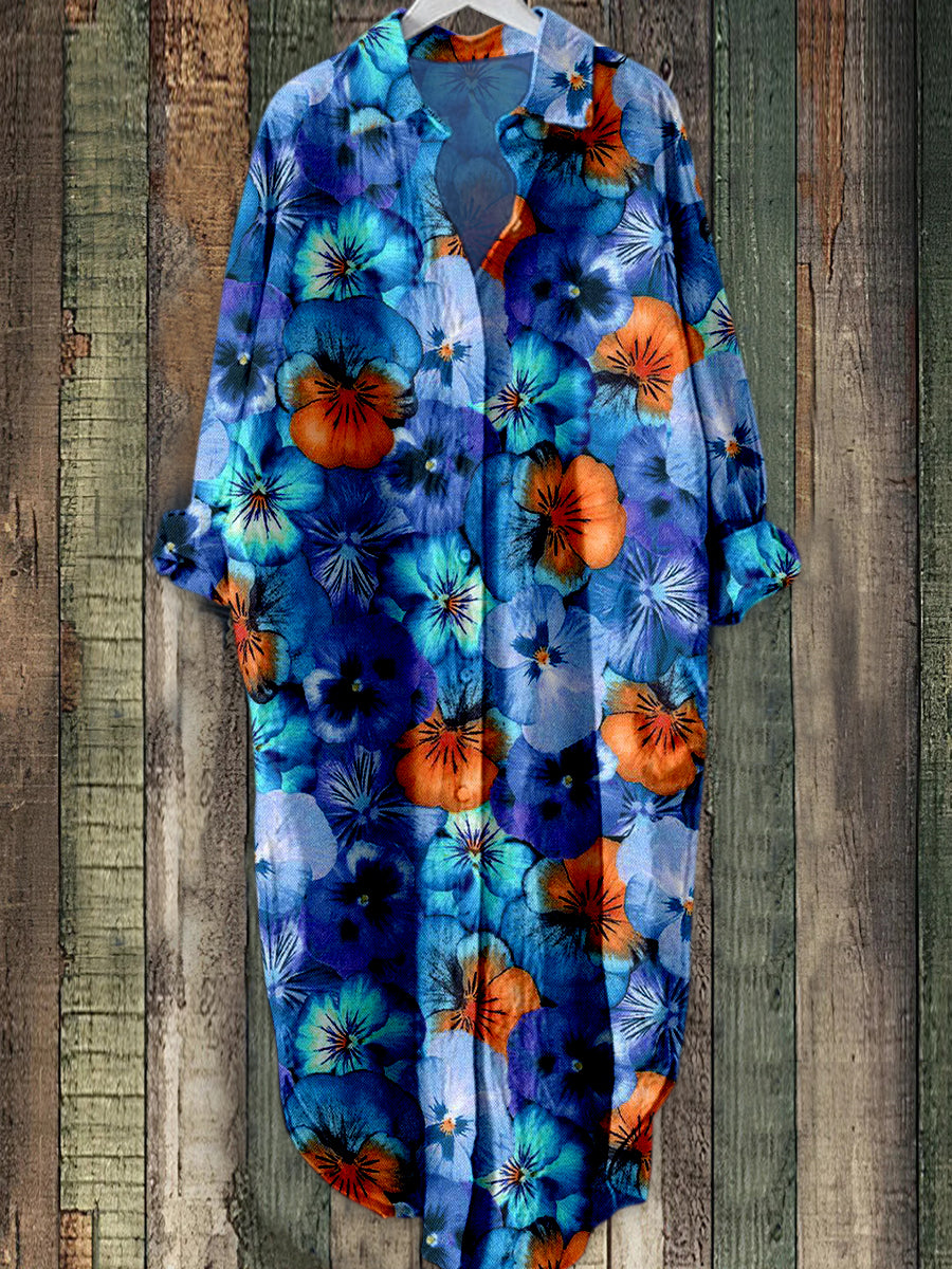 Retro Boho blomsterkunst trykt Elegant Vintage Lapel Løs Langærme Midi Skjortkjole