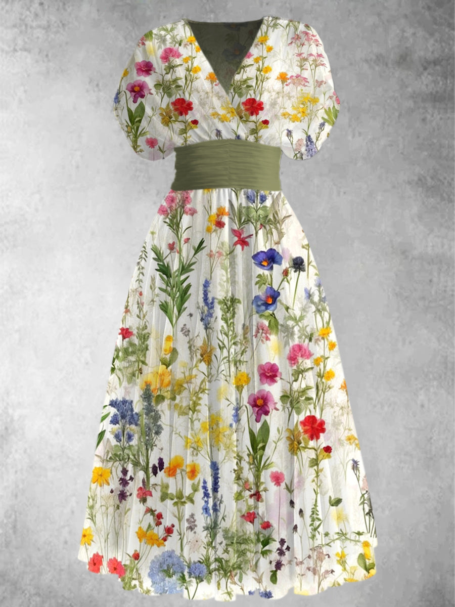 Retro Boho blomsterkunst trykt V-hals Elegant chic kortærme Maxi-kjole