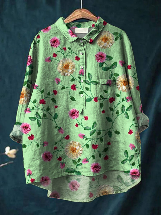 Kvinners Vintage blomsterkunst utskrift Casual bomull linn rund halsknapp lomme Midi erme skjort øverst