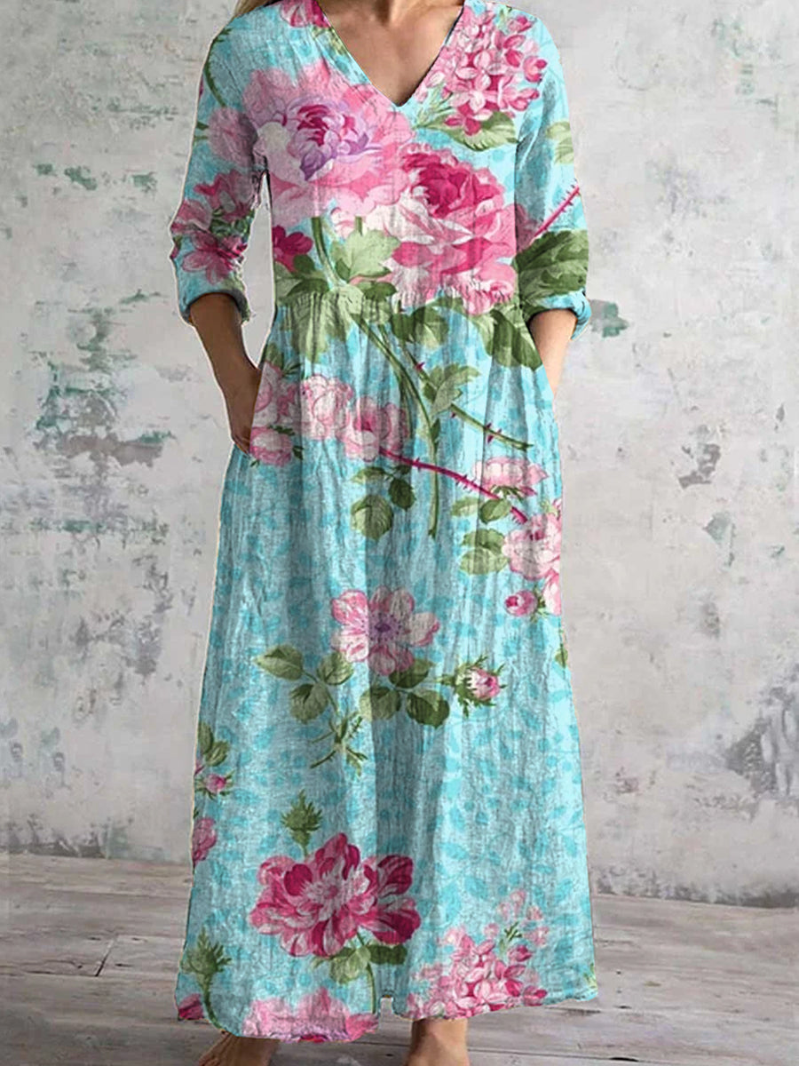 Vintage blomsterkunst utskrift Chic V-hals trekvartære ermer Elegant Midi-kjole