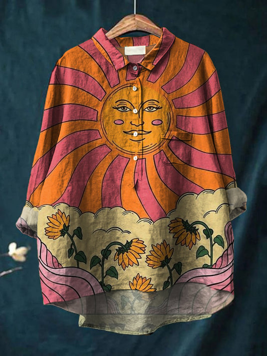 Kvinners vintage hippie kunst skriv ut Casual bomull og lin rund halsknapp lomme midi erme skjort øverst