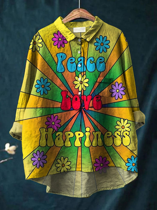 Kvinners vintage hippie kunst skriv ut Casual bomull og lin rund halsknapp lomme midi erme skjort øverst