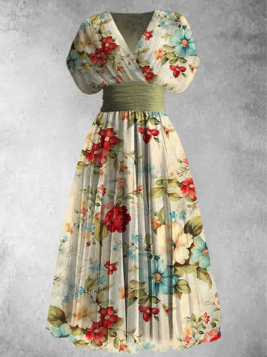 Retro Boho blomsterkunst trykt Elegant V-hals Vintage Chic Kortærme Maxi Kjole