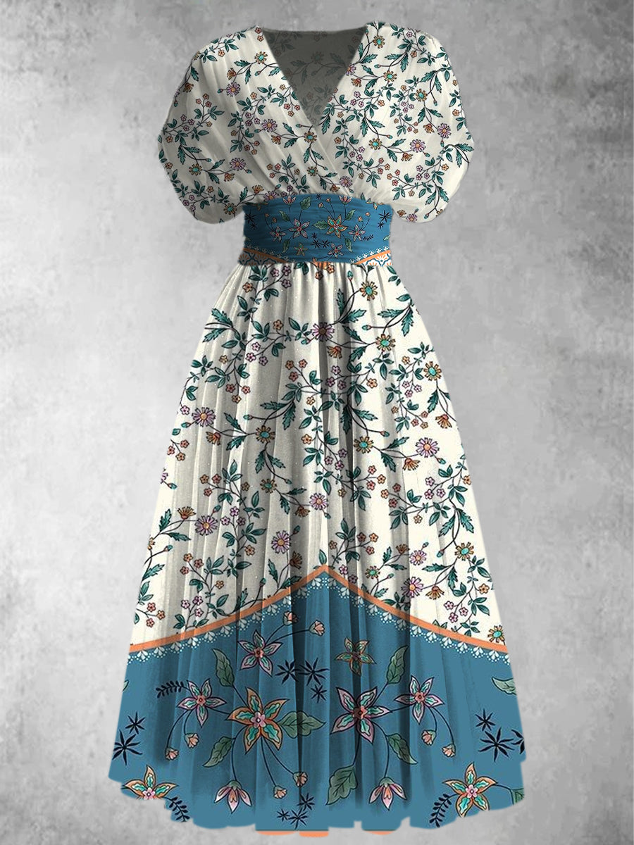 Retro Boho blomsterkunst trykt Elegant V-hals Vintage Chic Kortærme Maxi Kjole