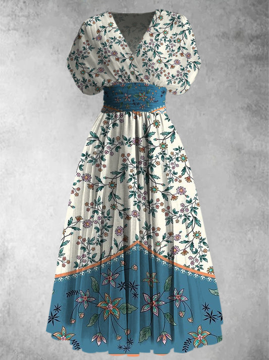 Retro Boho blomsterkunst trykt Elegant V-hals Vintage Chic Kortærme Maxi Kjole