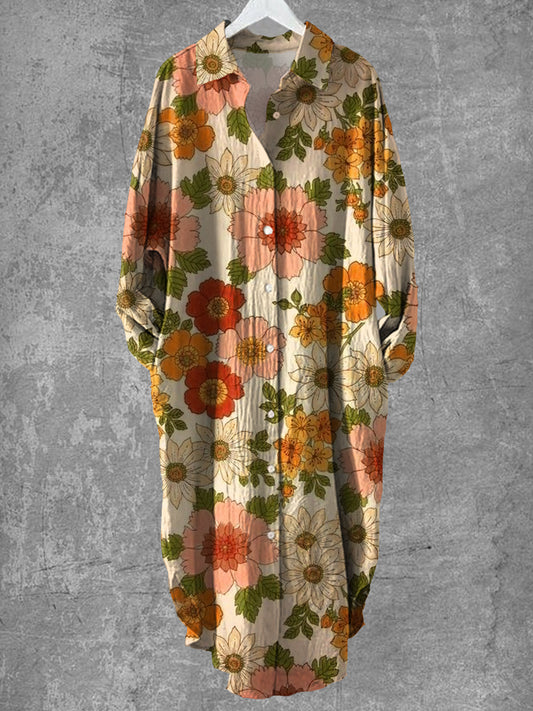 Vintage blomsterkunst Skriv ut chic lang erme Casual V-halsknapp Løs skjortekjole