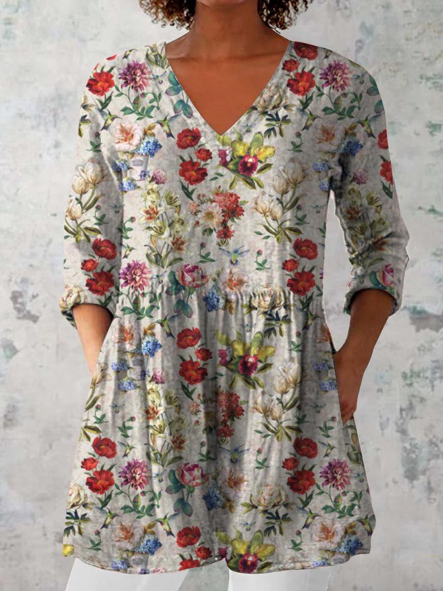 Elegant Boho Floral Skriv V-halsmønster bomull Løs lang erme øverst