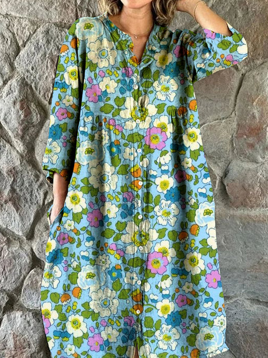 Vintage blomsterkunst Skriv ut Chic V-hals tre-kvart ermerknapp Elegant Midi-kjole