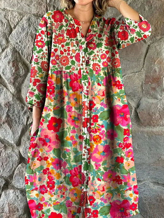 Vintage blomsterkunst Skriv ut Chic V-hals tre-kvart ermerknapp Elegant Midi-kjole