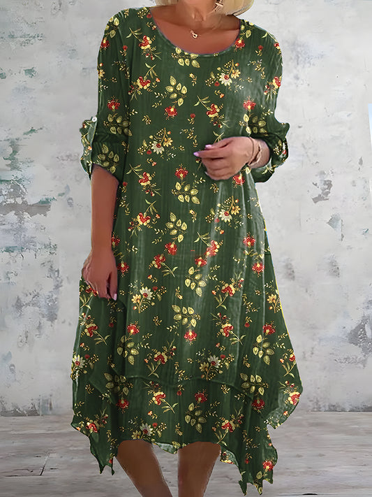 Vintage blomsterkunst utskrift Chic tre-kvart erme rund hals Elegant Midi kjole