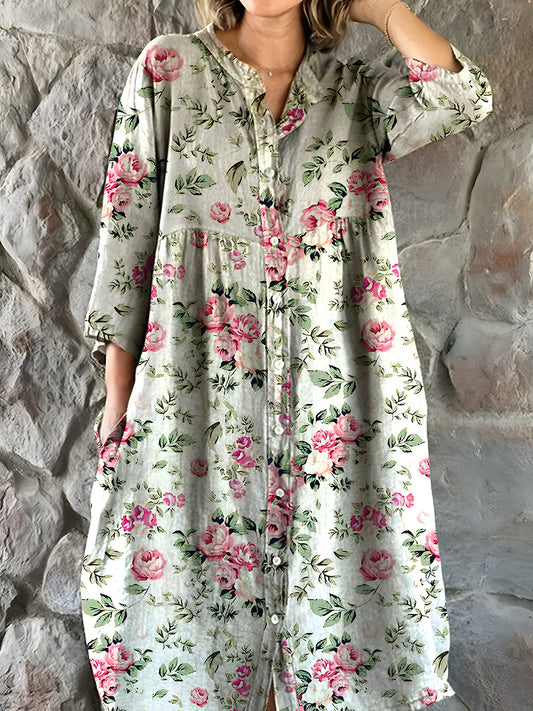 Vintage blomsterkunst utskrift Chic V hals tre kvarter ermer knapp Elegant Midi kjole