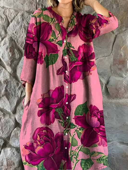 Vintage bohemisk blomsterkunst Print Chic V hals tre kvarts ermer Elegant Midi kjole