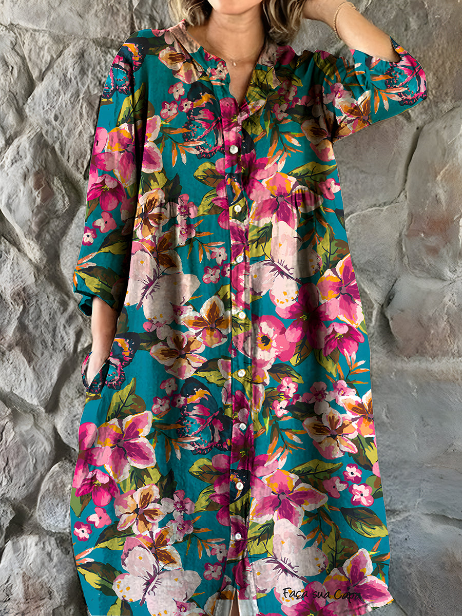 Vintage bohemisk blomsterkunst Print Chic V hals tre kvarts ermer Elegant Midi kjole