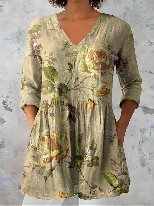 Kvinners Vintage blomsterkunst Print Casual V hals tre kvarter erme Elegant bomullslinn topp