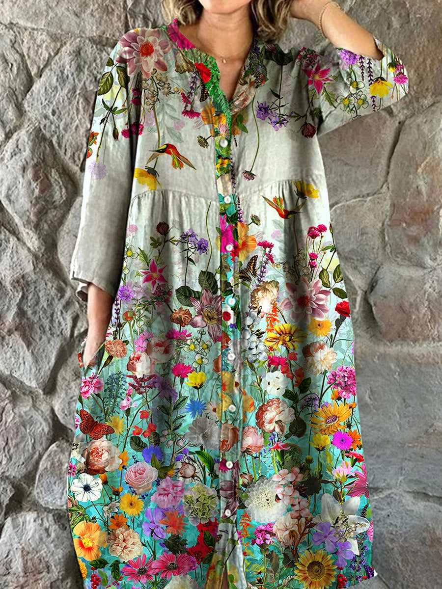 Vintage bohemisk blomsterkunst utskrift Chic V hals tre kvarts ermerknapp Elegant Midi kjole