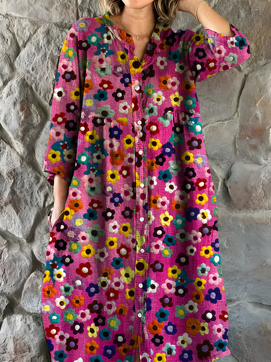 Vintage bohemisk blomsterkunst utskrift Chic V hals tre kvarts ermerknapp Elegant Midi kjole