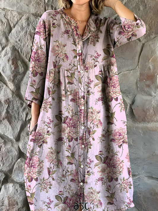 Vintage bohemisk blomsterkunst utskrift Chic V hals tre kvarts ermerknapp Elegant Midi kjole