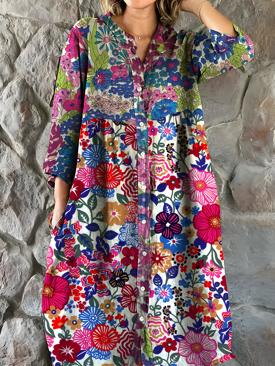 Vintage bohemisk blomsterkunst utskrift Chic V hals tre kvarts ermerknapp Elegant Midi kjole