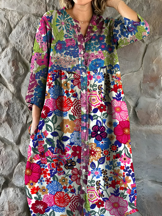 Vintage bohemisk blomsterkunst utskrift Chic V hals tre kvarts ermerknapp Elegant Midi kjole